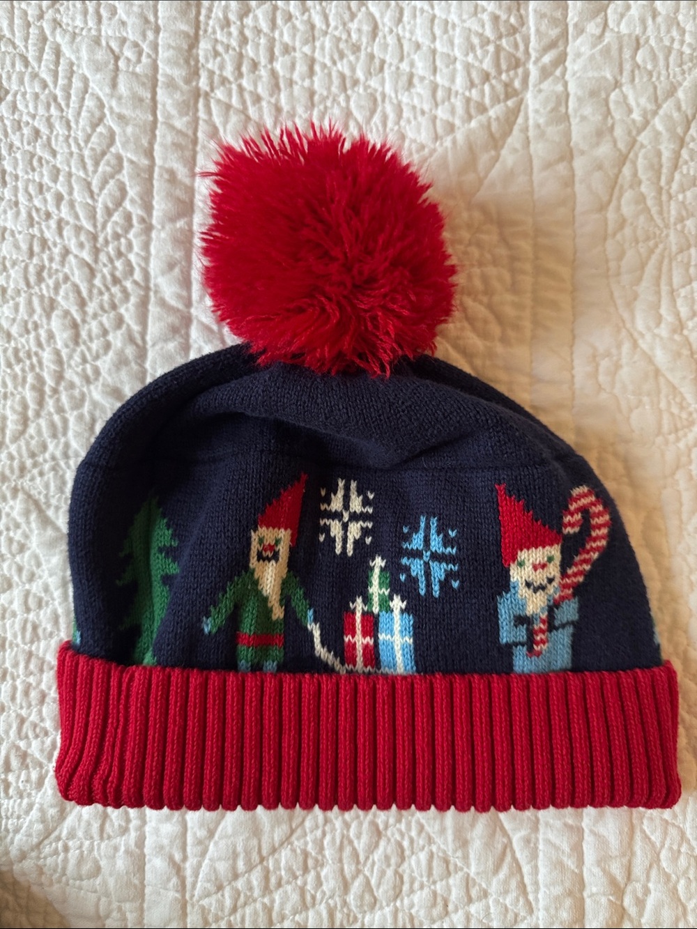 Hanna Andersson Navy Knit Pom Hat with Red Trim and Gnome Motif